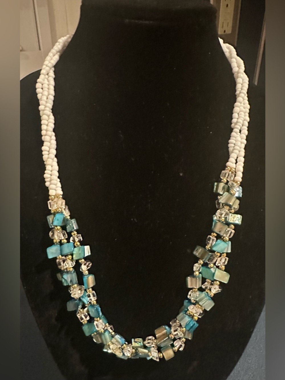 Tropical White and Teal Multi-Strand Beaded Necklace with Gold Accents